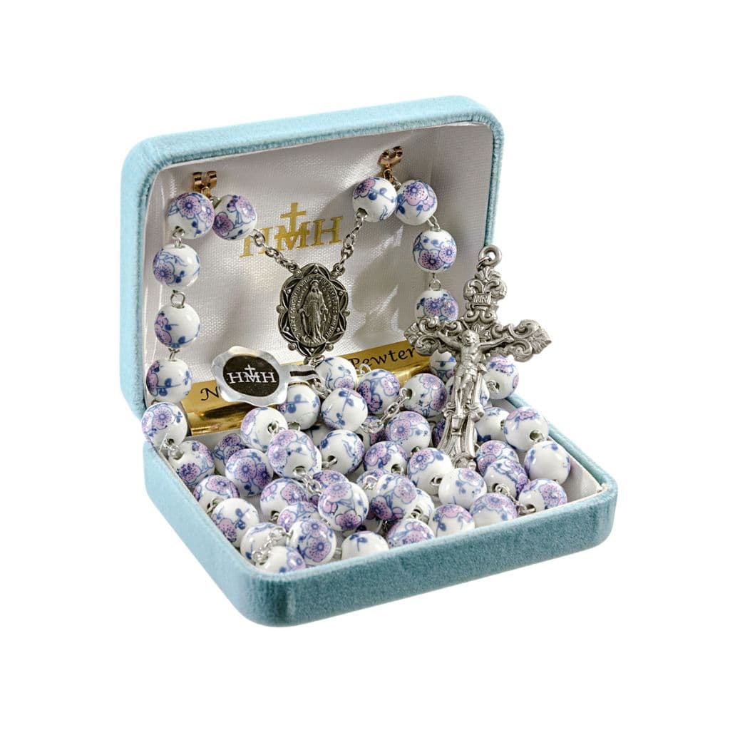 HMH Religious 10mm White and Violet Glass Flower Bead Pewter Rosary with Pewter Miraculous Centerpiece and Scroll Crucifix in Gift Box