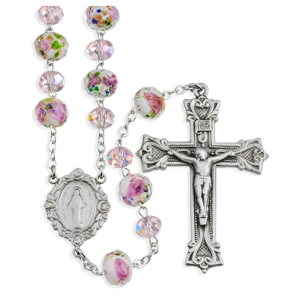 HMH Religious White & Pink with Flowers 8mm Bead Pewter Rosary with lead-free New England pewter Miraculous Medal center and heart crucifix (view 1)