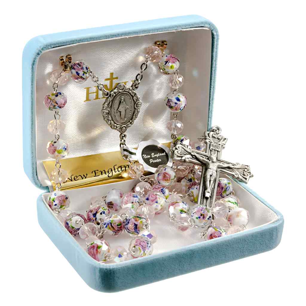 HMH Religious White & Pink with Flowers 8mm Bead Pewter Rosary with lead-free New England pewter Miraculous Medal center and heart crucifix in gift box (view 2)