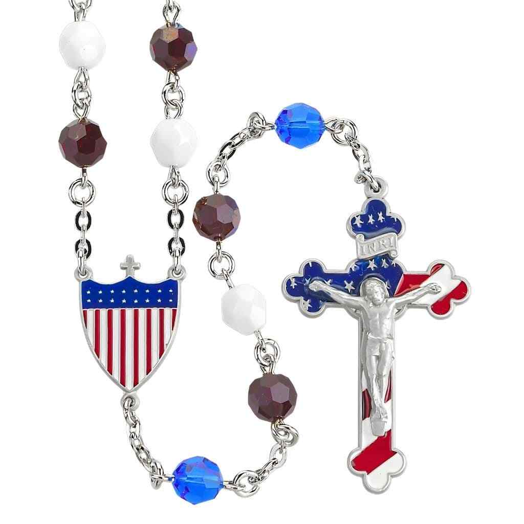 American Patriotic Red | White | Blue Crystal Pewter Rosary | HMH