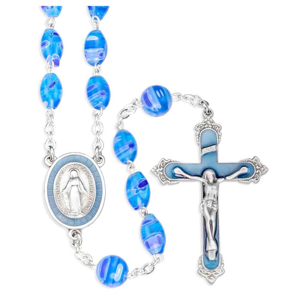 Miraculous Medal Rosary with 9 x 6mm Venetian Glass Blue and Aqua Color Swirl Oval and&nbsp;8mm Blue and Aqua Swirl Round Our Father Beads with pewter aqua epoxy Miraculous medal centerpiece and a pewter aqua epoxy crucifix (view 1)