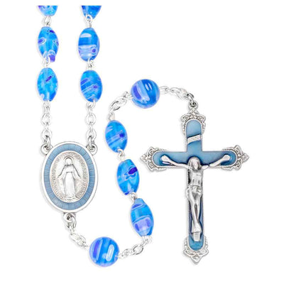 Miraculous Medal Rosary with 9 x 6mm Venetian Glass Blue and Aqua Color Swirl Oval and&nbsp;8mm Blue and Aqua Swirl Round Our Father Beads with pewter aqua epoxy Miraculous medal centerpiece and a pewter aqua epoxy crucifix (view 1)