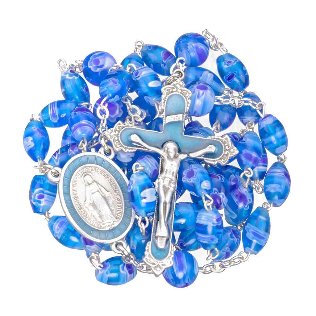 Miraculous Medal Rosary with 9 x 6mm Venetian Glass Blue and Aqua Color Swirl Oval and&nbsp;8mm Blue and Aqua Swirl Round Our Father Beads with pewter aqua epoxy Miraculous medal centerpiece and a pewter aqua epoxy crucifix (view 2)