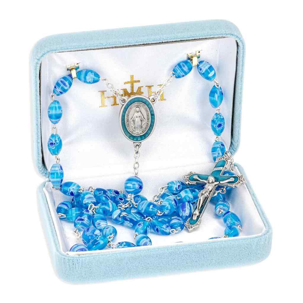 Miraculous Medal Rosary with 9 x 6mm Venetian Glass Blue and Aqua Color Swirl Oval and&nbsp;8mm Blue and Aqua Swirl Round Our Father Beads with pewter aqua epoxy Miraculous medal centerpiece and a pewter aqua epoxy crucifix in gift box (view 3)