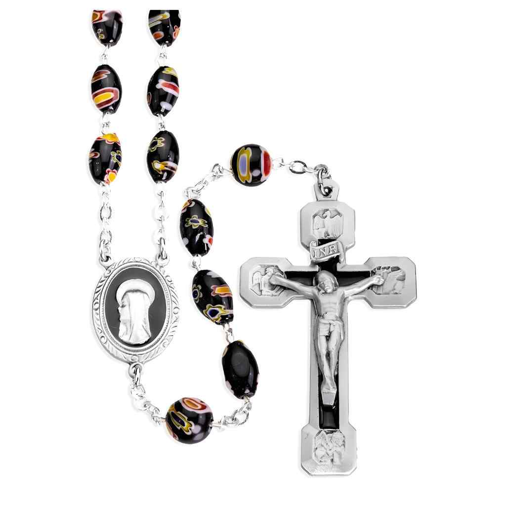 Madonna and the Four Evangelist 9 x 6mm Venetian Glass Black Multi Color Swirl Oval Bead Rosary with black epoxy center & crucifix (view 1)