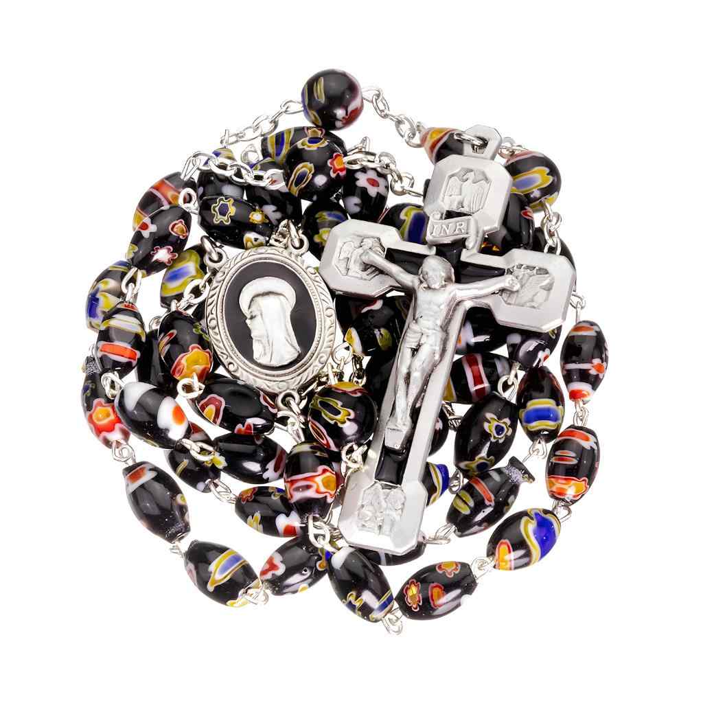 Madonna and the Four Evangelist 9 x 6mm Venetian Glass Black Multi Color Swirl Oval Bead Rosary with black epoxy center & crucifix (view 2)