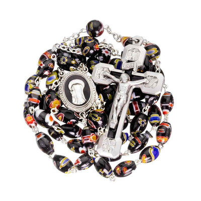 Madonna and the Four Evangelist 9 x 6mm Venetian Glass Black Multi Color Swirl Oval Bead Rosary with black epoxy center & crucifix (view 2)