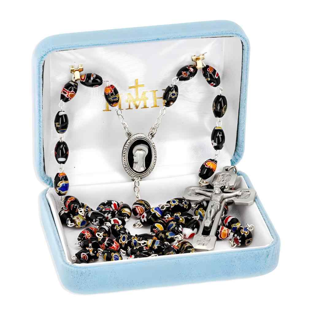 Madonna and the Four Evangelist 9 x 6mm Venetian Glass Black Multi Color Swirl Oval Bead Rosary with black epoxy center & crucifix in gift box (view 3)