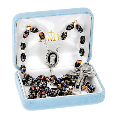 Madonna and the Four Evangelist 9 x 6mm Venetian Glass Black Multi Color Swirl Oval Bead Rosary with black epoxy center & crucifix in gift box (view 3)