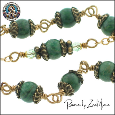 Irish Celtic Crucifix African Green Jade Wire-Wrapped One Decade Rosary - Handmade, bronze / sterling silver, Heavenly Divine Rosaries