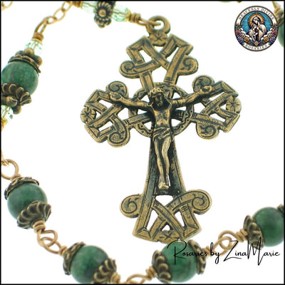 Irish Celtic Crucifix African Green Jade Wire-Wrapped One Decade Rosary, bronze / sterling silver (view 3), Heavenly Divine Rosaries
