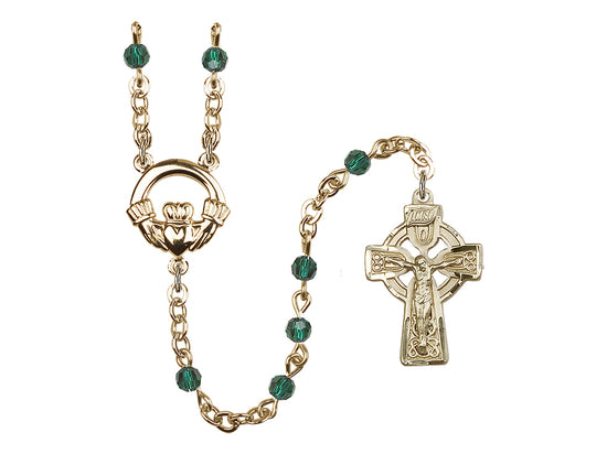 Bliss Small Gold-plated 4mm Austrian Crystal Emerald Irish Claddagh Rosary