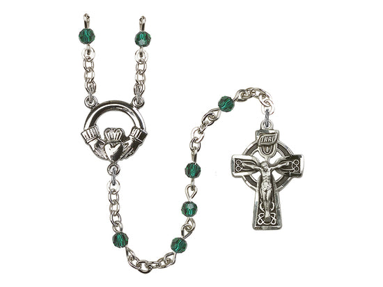 Bliss Small Silver-plated 4mm Austrian Crystal Emerald Irish Claddagh Rosary