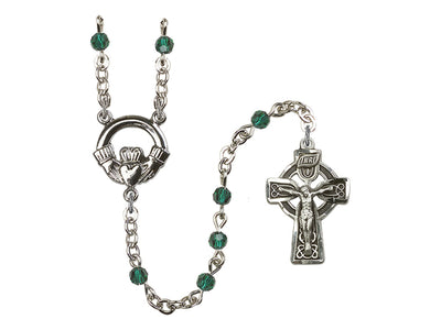 Small Silver-plated 4mm Austrian Crystal Emerald Irish Claddagh Rosary, Bliss Manufacturing