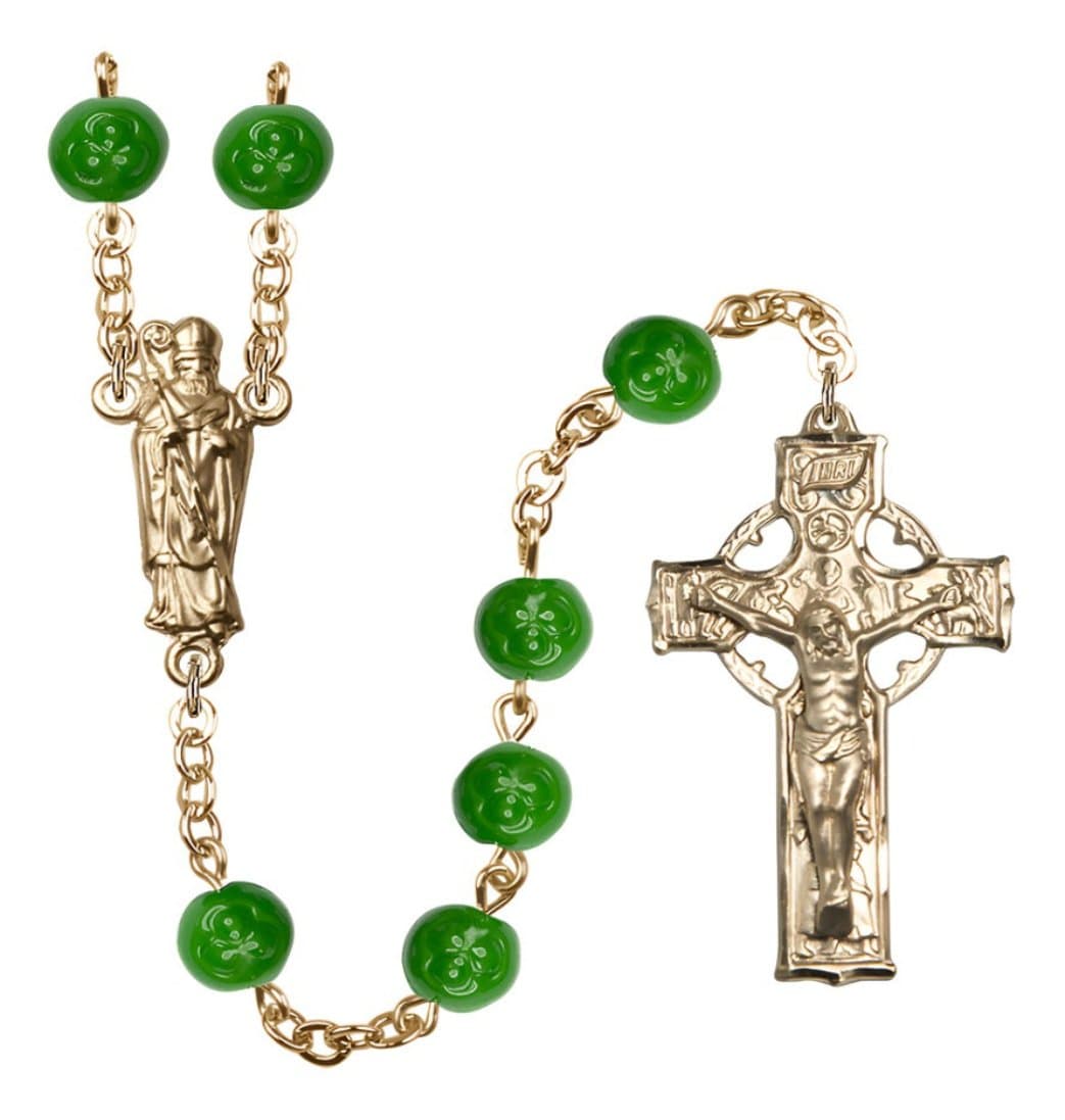 Bliss 6mm Round Saint Patrick Shamrock Gold-plated Rosary