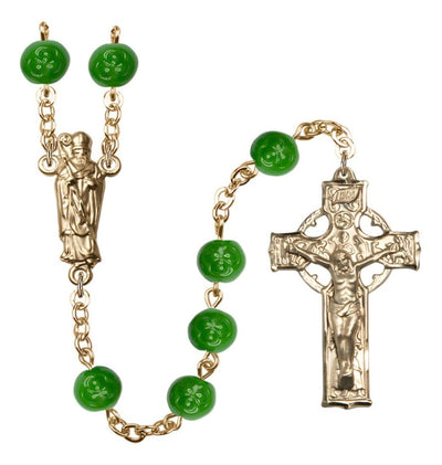 6mm Round Saint Patrick Shamrock Gold-plated Rosary, Bliss Manufacturing