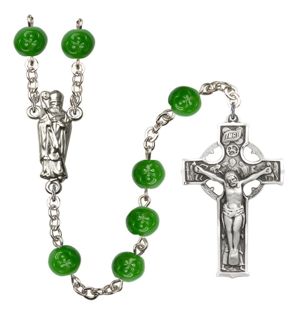 Bliss 6mm Round Saint Patrick Shamrock Silver-plated Rosary