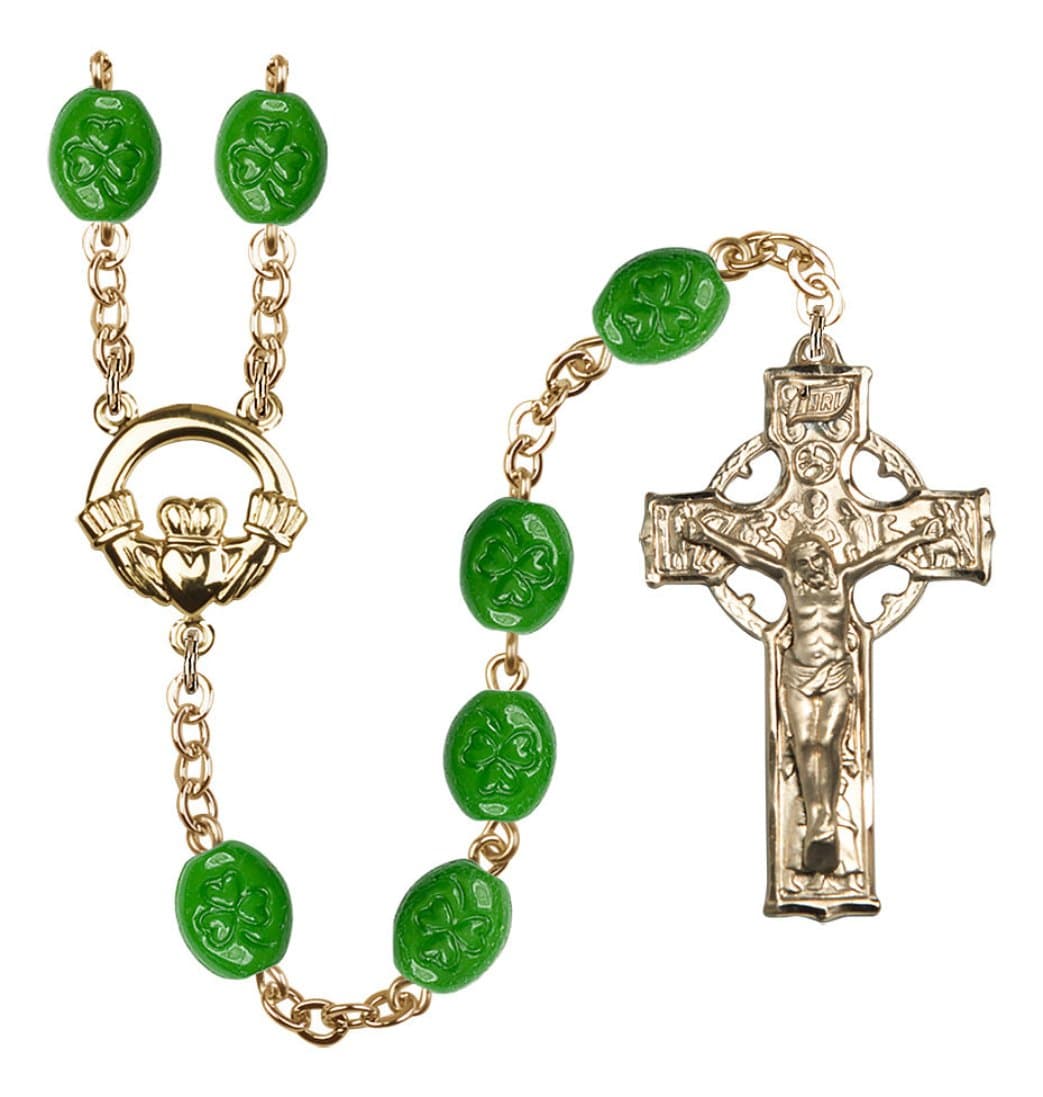 Bliss Manufacturing Handmade Gold Plated Rosary with flat Shamrock beads,