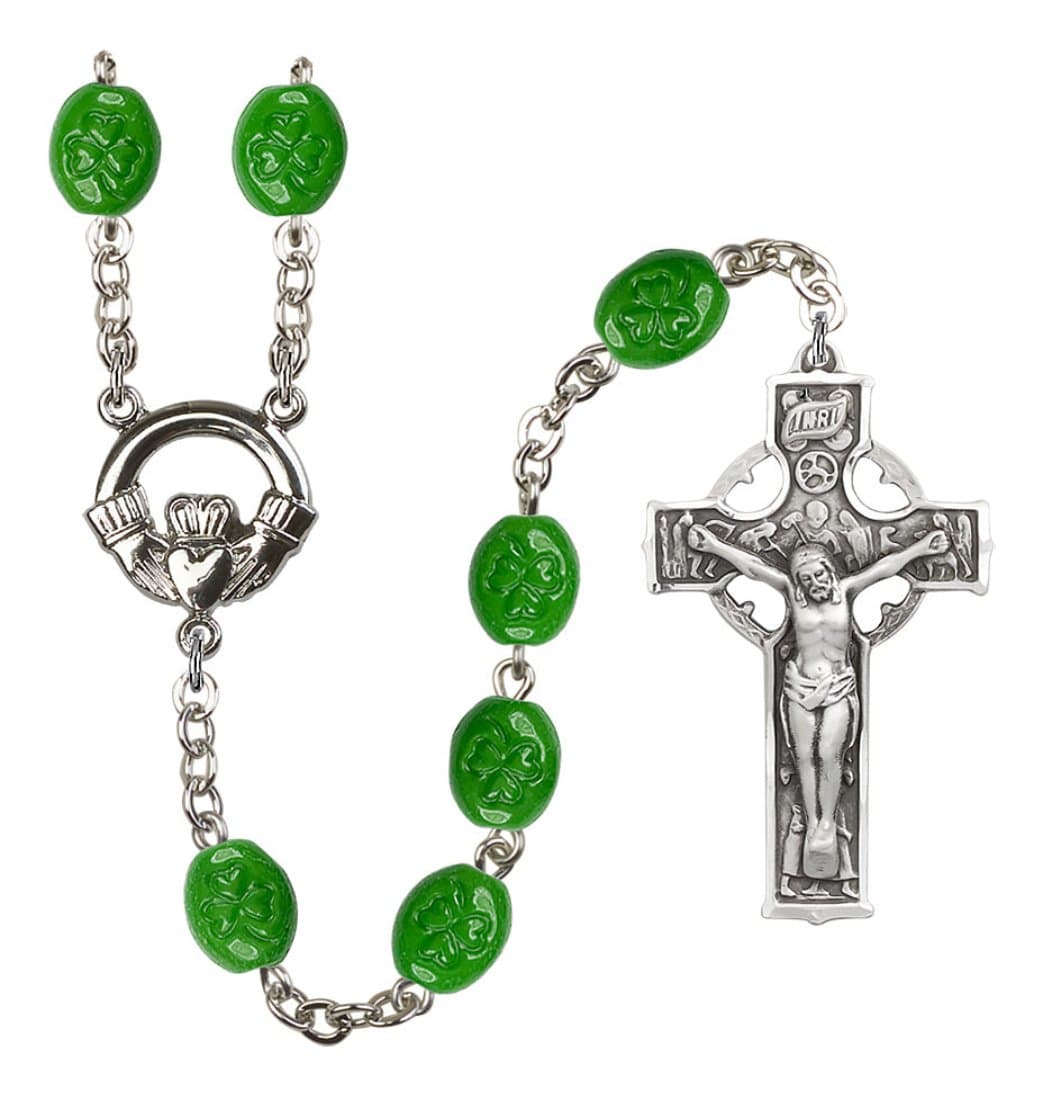 Bliss Manufacturing Handmade Silver Plated Rosary with flat Shamrock beads,