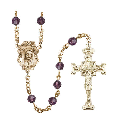 Handmade Gold-plated Rosary with Madonna Centerpiece, Scroll Design Crucifix and Amethyst 6mm Round Austrian Crystal beads, Bliss Manufacturing