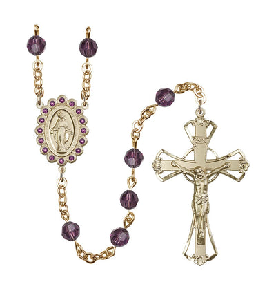 Birthstone 6mm Amethyst Austrian Crystal Miraculous Gold-Plated Rosary, Bliss Manufacturing