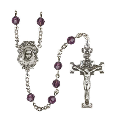 Handmade Silver-plated Rosary with Madonna Centerpiece, Scroll Design Crucifix and Amethyst 6mm Round Austrian Crystal beads, Bliss Manufacturing