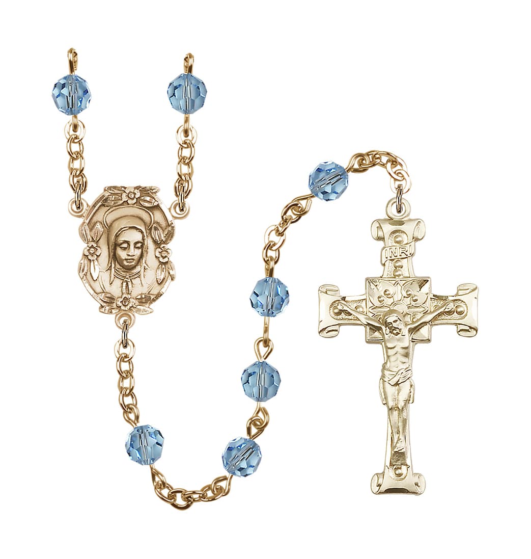 Bliss Handmade Gold-plated Rosary with Madonna Centerpiece, Scroll Design Crucifix and Aqua 6mm Round Austrian Crystal beads.