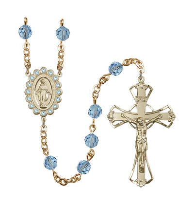 Birthstone 6mm Aqua Austrian Crystal Miraculous Gold-Plated Rosary, Bliss Manufacturing