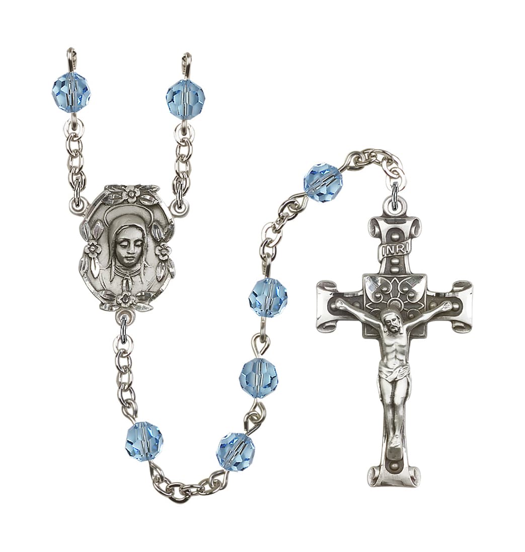 Bliss Handmade Silver-plated Rosary with Madonna Centerpiece, Scroll Design Crucifix and Aqua 6mm Round Austrian Crystal beads.