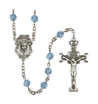 Handmade Silver-plated Rosary with Madonna Centerpiece, Scroll Design Crucifix and Aqua 6mm Round Austrian Crystal beads, Bliss Manufacturing