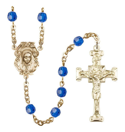 Flower Design Madonna 6mm Crystal Gold-plated Rosary in Capri Blue, Bliss Manufacturing