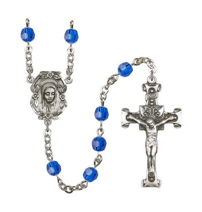 Handmade Silver-plated Rosary with Madonna Centerpiece, Scroll Design Crucifix and Capri Blue 6mm Round Austrian Crystal beads, Bliss Manufacturing