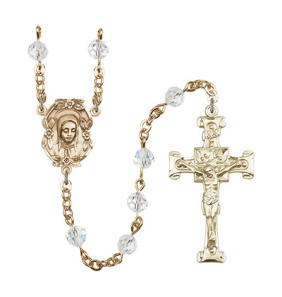 Handmade Gold-plated Rosary with Madonna Centerpiece, Scroll Design Crucifix and Clear 6mm Round Austrian Crystal beads, Bliss Manufacturing