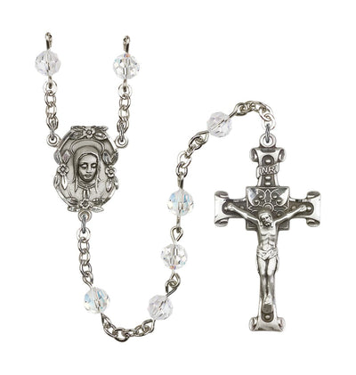 Handmade Silver-plated Rosary with Madonna Centerpiece, Scroll Design Crucifix and Clear 6mm Round Austrian Crystal beads, Bliss Manufacturing