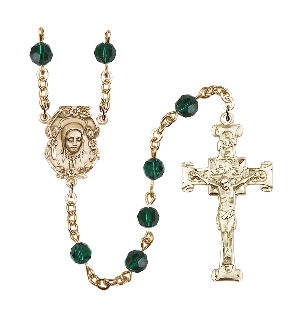 Bliss Handmade Gold-plated Rosary with Madonna Centerpiece, Scroll Design Crucifix and Emerald 6mm Round Austrian Crystal beads.