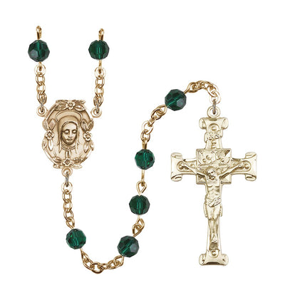 Handmade Gold-plated Rosary with Madonna Centerpiece, Scroll Design Crucifix and Emerald 6mm Round Austrian Crystal beads, Bliss Manufacturing