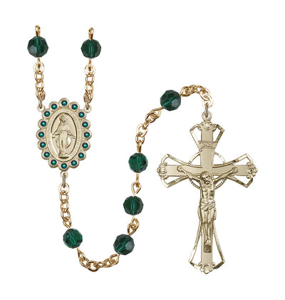 Birthstone 6mm Emerald Austrian Crystal Miraculous Gold-Plated Rosary, Bliss Manufacturing
