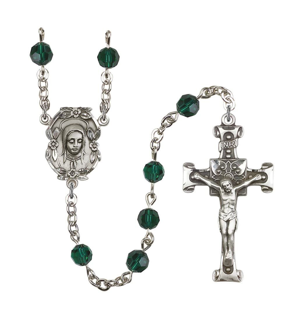 Bliss Handmade Silver-plated Rosary with Madonna Centerpiece, Scroll Design Crucifix and Emerald 6mm Round Austrian Crystal beads.