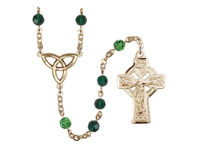 gold-plated 6mm Austrian Crystal Emerald Trinity Irish Knot Rosary, Bliss Manufacturing