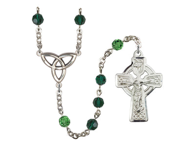 Silver-plated 6mm Austrian Crystal Emerald Trinity Irish Knot Rosary, Bliss Manufacturing