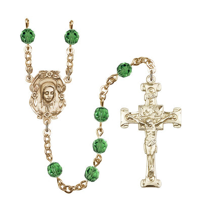 Handmade Gold-plated Rosary with Madonna Centerpiece, Scroll Design Crucifix and Erinite 6mm Round Austrian Crystal beads, Bliss Manufacturing