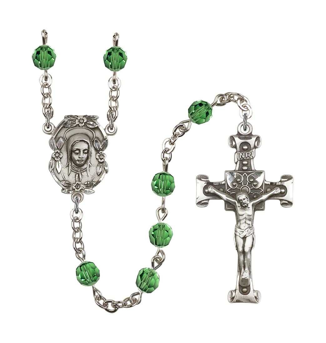 Bliss Handmade Silver-plated Rosary with Madonna Centerpiece, Scroll Design Crucifix and Erinite 6mm Round Austrian Crystal beads.