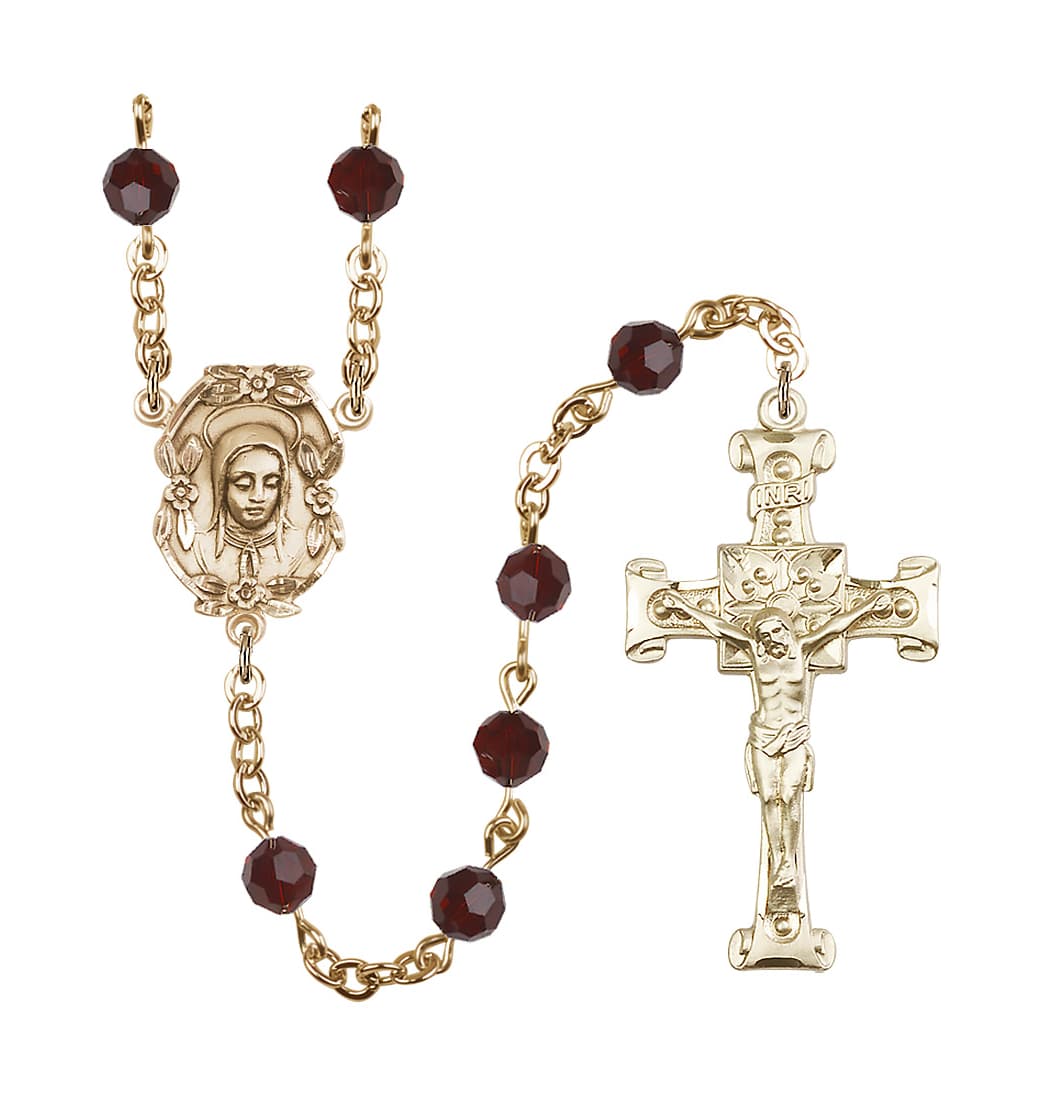 Bliss Handmade Gold-plated Rosary with Madonna Centerpiece, Scroll Design Crucifix and Garnet 6mm Round Austrian Crystal beads.