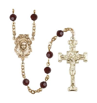 Handmade Gold-plated Rosary with Madonna Centerpiece, Scroll Design Crucifix and Garnet 6mm Round Austrian Crystal beads, Bliss Manufacturing