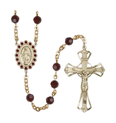 Birthstone 6mm Garnet Austrian Crystal Miraculous Gold-Plated Rosary, Bliss Manufacturing