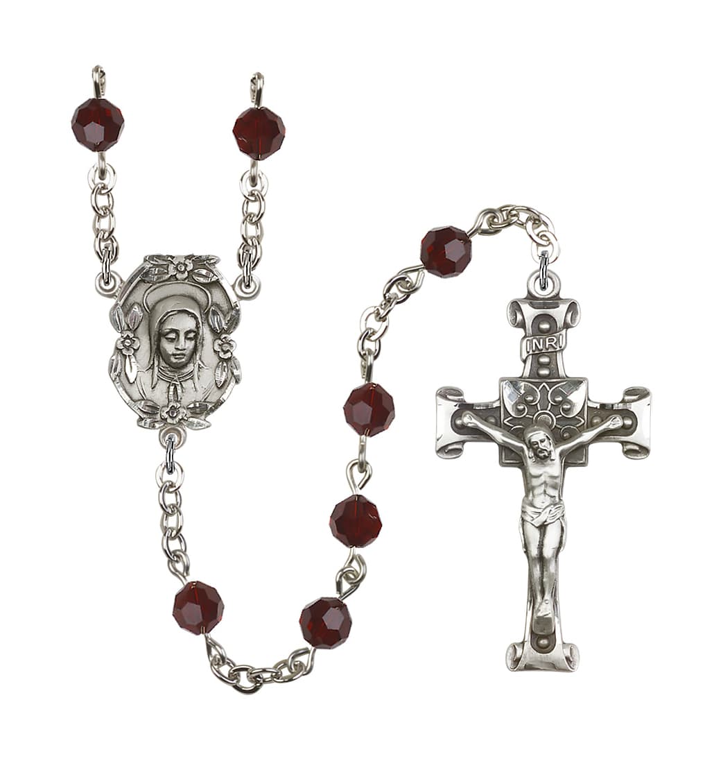 Bliss Handmade Silver-plated Rosary with Madonna Centerpiece, Scroll Design Crucifix and Garnet 6mm Round Austrian Crystal beads.
