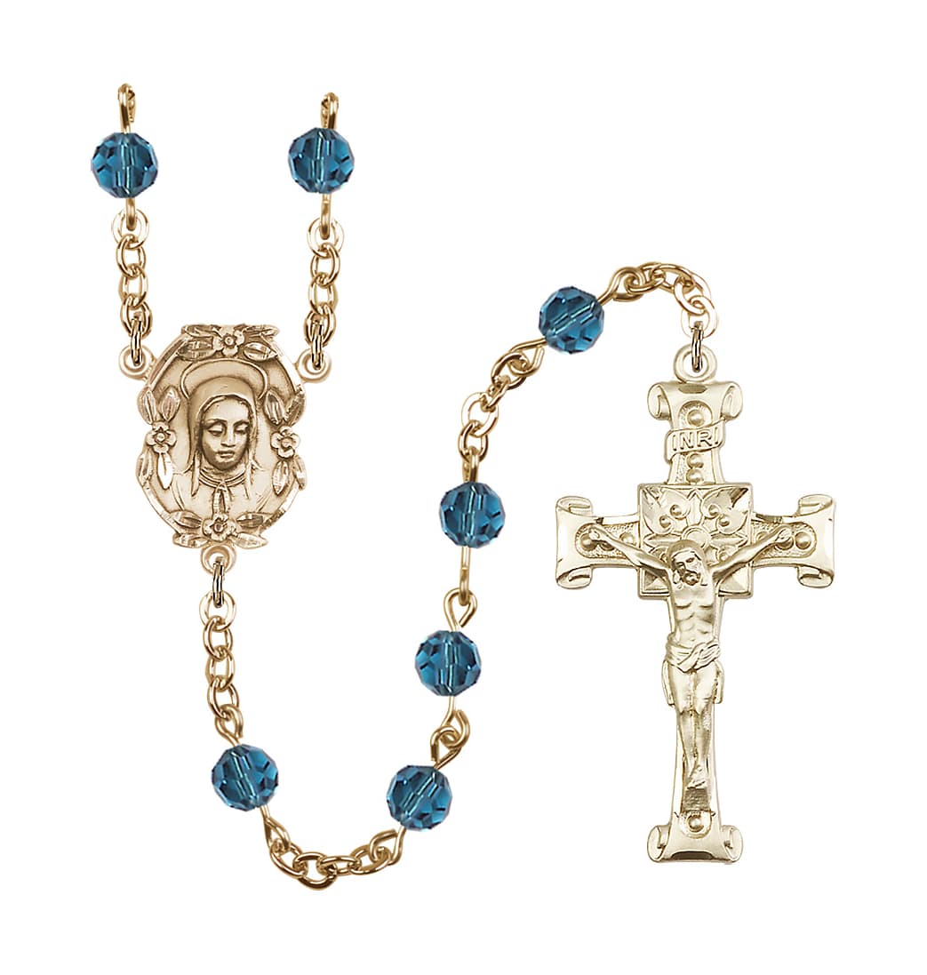 Bliss Handmade Gold-plated Rosary with Madonna Centerpiece, Scroll Design Crucifix and Indocolite 6mm Round Austrian Crystal beads.
