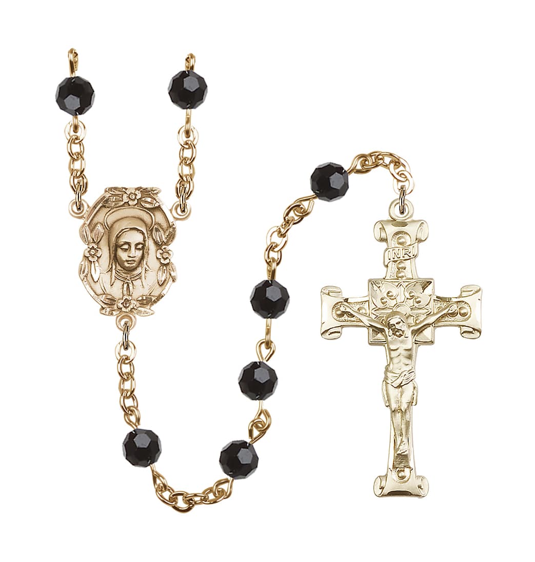 Bliss Handmade Gold-plated Rosary with Madonna Centerpiece, Scroll Design Crucifix and Jet Black 6mm Round Austrian Crystal beads.</pre>
