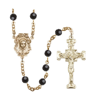 Handmade Gold-plated Rosary with Madonna Centerpiece, Scroll Design Crucifix and Jet Black 6mm Round Austrian Crystal beads.</pre>, Bliss Manufacturing