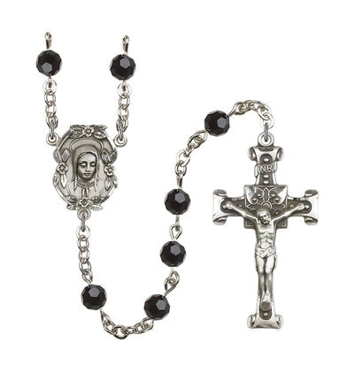 Handmade Silver-plated Rosary with Madonna Centerpiece, Scroll Design Crucifix and Jet Black 6mm Round Austrian Crystal beads, Bliss Manufacturing